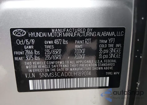 2020 Hyundai Santa Fe Sel из США, поврежденный, VIN 5NMS3CAD0LH189014